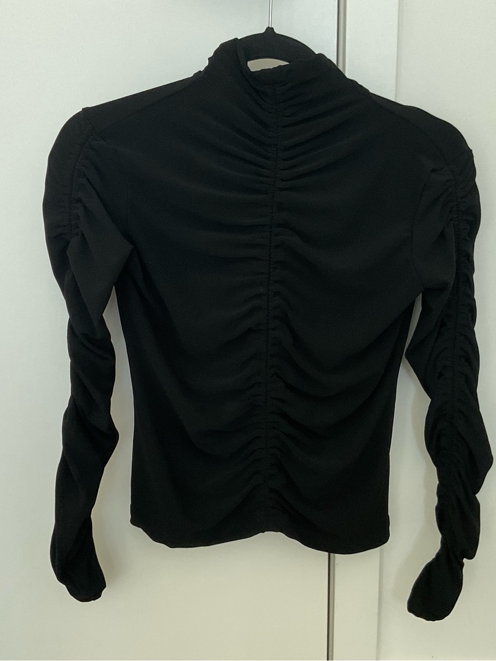 Ruched Long-Sleeve Mock Neck Top in Black